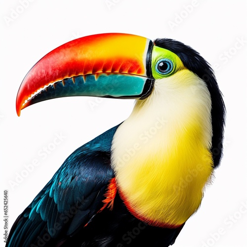 Close up of a high colored Toucan and its colorful beak isolated on white. photo