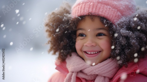 Cute beautiful girl in pink coat playing with snow outdoor in cold winter morning, with copy space, blurred snowy forest background, Winter holidays, Christmas trip concept.