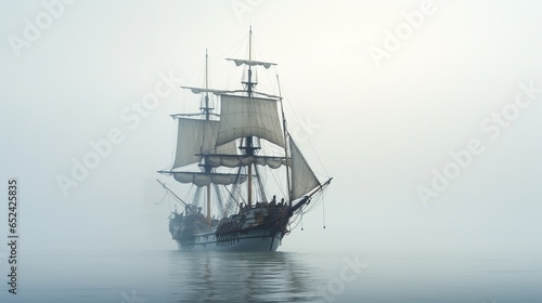 Vintage Frigate sailing into a fog bank