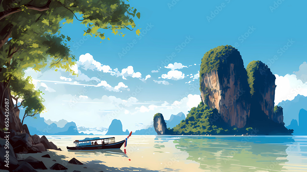 Illustration of a beautiful view of James Bond Island, Thailand - obrazy, fototapety, plakaty 