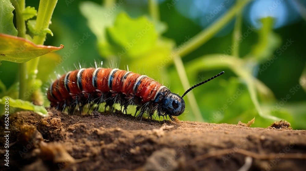 a red and black caterpillar crawling on a plant. generative ai a red and black caterpillar crawling on a plant. generative ai