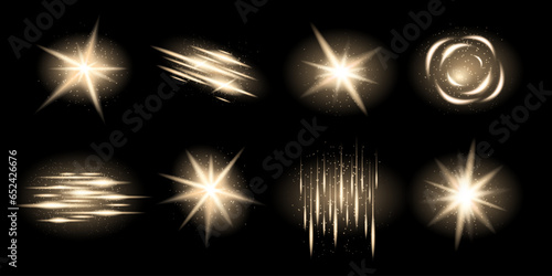 Set of golden lights, flares, starbursts and illuminated decorations, transparent vector effects and glowing luxury shiny shapes.