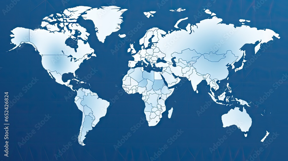  a map of the world with a blue background and white outline.  generative ai
