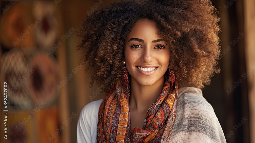 a smiling, laughing Black female model with afro-hair and tribal background, 3/4 view, with space for copy in a product and mock-up Glamour-themed image as a JPG horizontal format. generative ai a smiling, laughing Black female model with afro-hair and tribal background, 3/4 view, with space for copy in a product and mock-up Glamour-themed image as a JPG horizontal format. generative ai