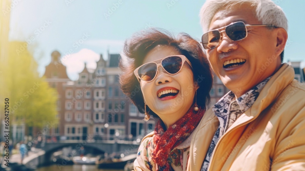 Amsterdam travel destination. Tourist joyful Asian senior citizens couple on sunny day looking at beautiful cityscape. The concept of traveling to different parts of the world. 