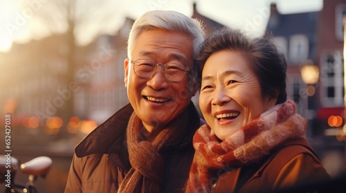 Amsterdam travel destination. Tourist joyful Asian senior citizens couple on sunny day looking at beautiful cityscape. The concept of traveling to different parts of the world. Merry Christmas