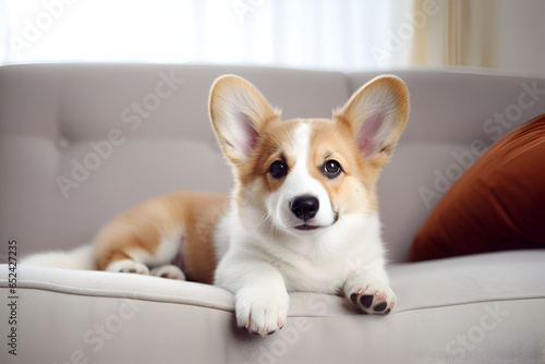 corgi pembroke, the dog is sitting on the couch.