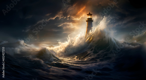 Wallpaper Mural Illustration of a boat sailing towards the lighthouse during a storm Torontodigital.ca