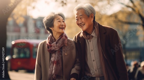 London travel destination. Tourist joyful Asian senior citizens couple on sunny day looking at beautiful cityscape. The concept of traveling to different parts of the world. 