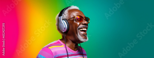 Middle aged black man listening to music on headphones with colorful striped shirt and psychedelic neon background