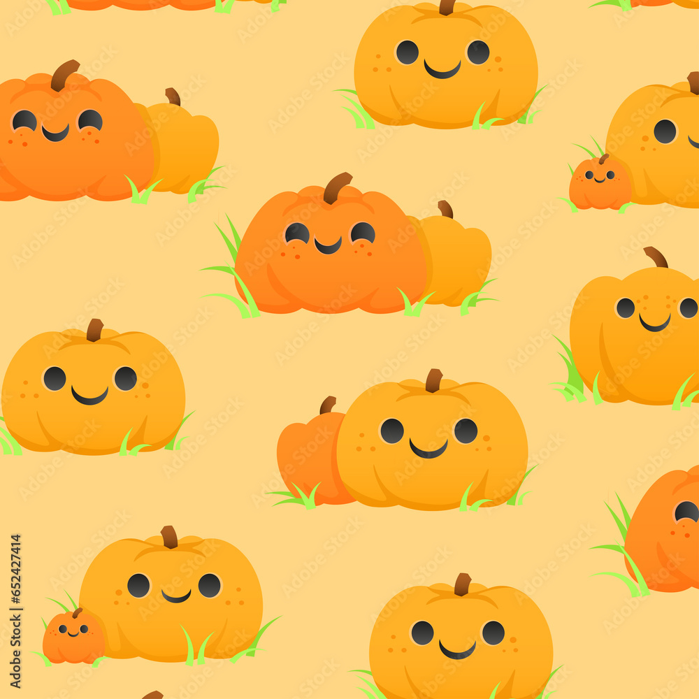 Orange Halloween seamless pattern with cute smiling pumpkins