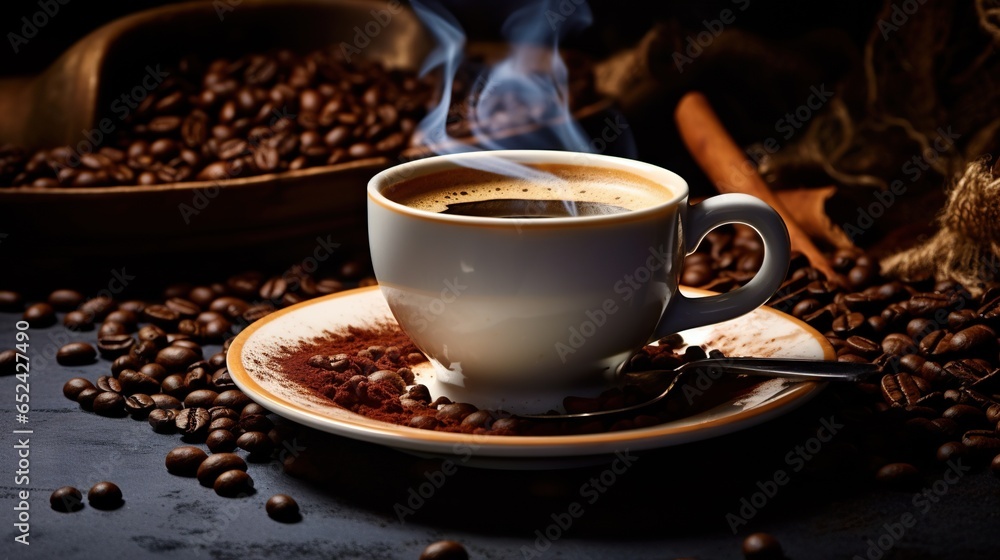 a cup of coffee sitting on top of a saucer. generative ai a cup of coffee sitting on top of a saucer. generative ai