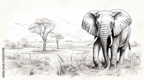  a drawing of an elephant walking through a grassy area with trees in the background.  generative ai