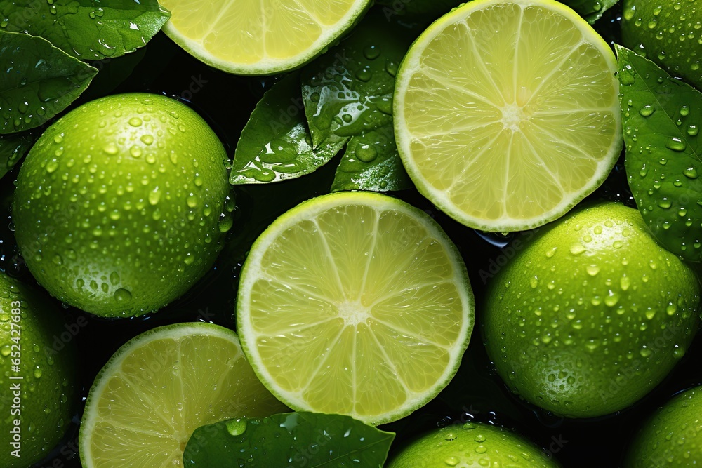texture background of sliced ripe green lime with waterdrops and leaves texture background of sliced ripe green lime with waterdrops and leaves