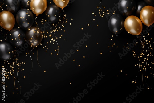 gold and black balloons with glitters on black background with copyscape 