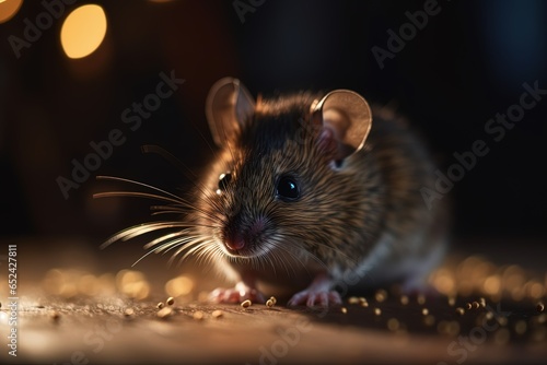 closeup of a gray little mouse on the floor blurred bokeh background and soft focus