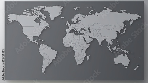  a metal map of the world on a gray wall with a white background.  generative ai
