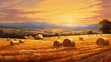  a painting of hay bales in a field at sunset. generative ai