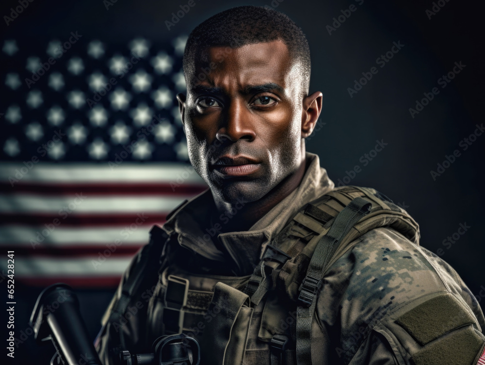 A commercial-style medium portrait, focusing on the military and people concept, features a confident man in military outfit holding a weapon in his hands while standing against a smoky background.