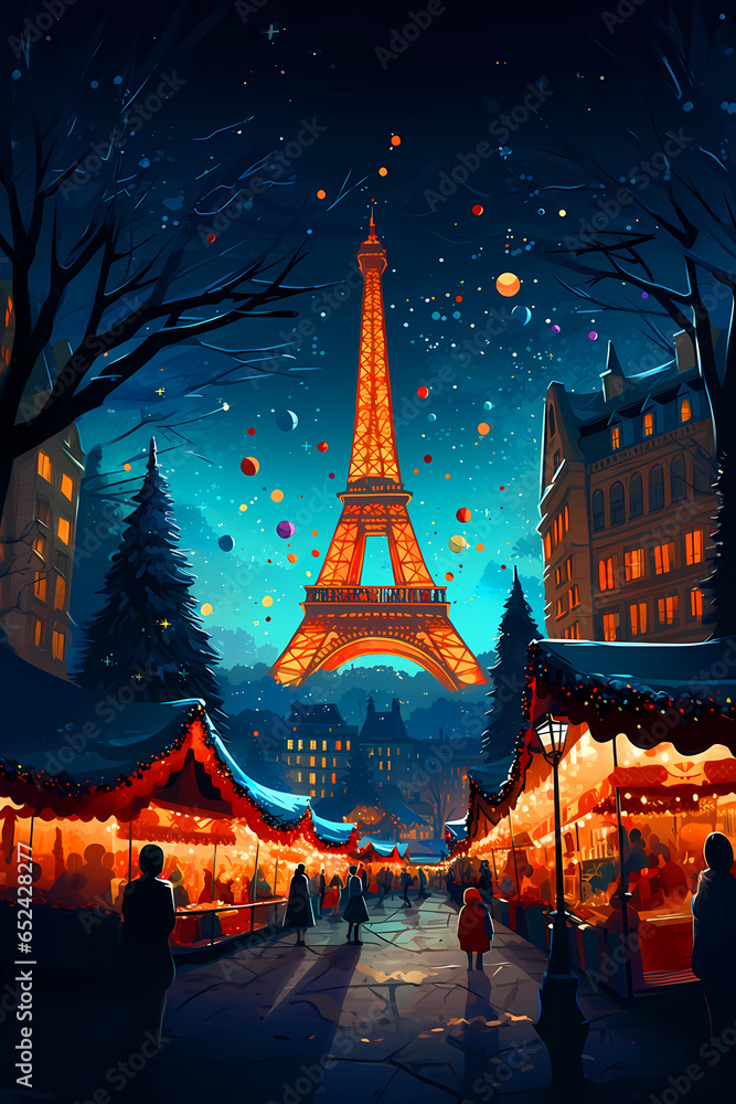 Illustration of the city of Paris at Christmas, France