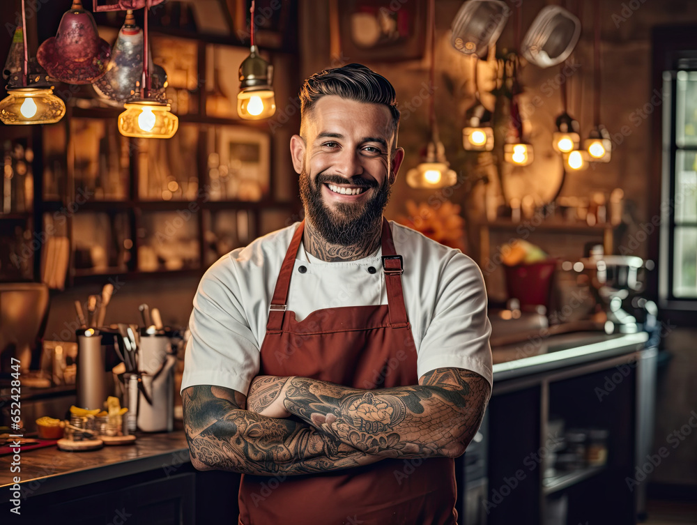 Smiling elegant waiter is holding a tray with a decorated cocktail ready to serve Smiling elegant waiter is holding a tray with a decorated cocktail ready to serve