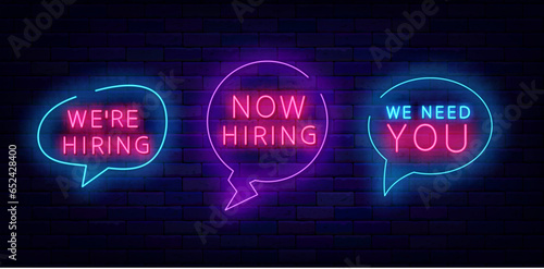 We need you neon signboard. Now hiring. Speech bubble frames. Welcome to our company. Vector stock illustration photo