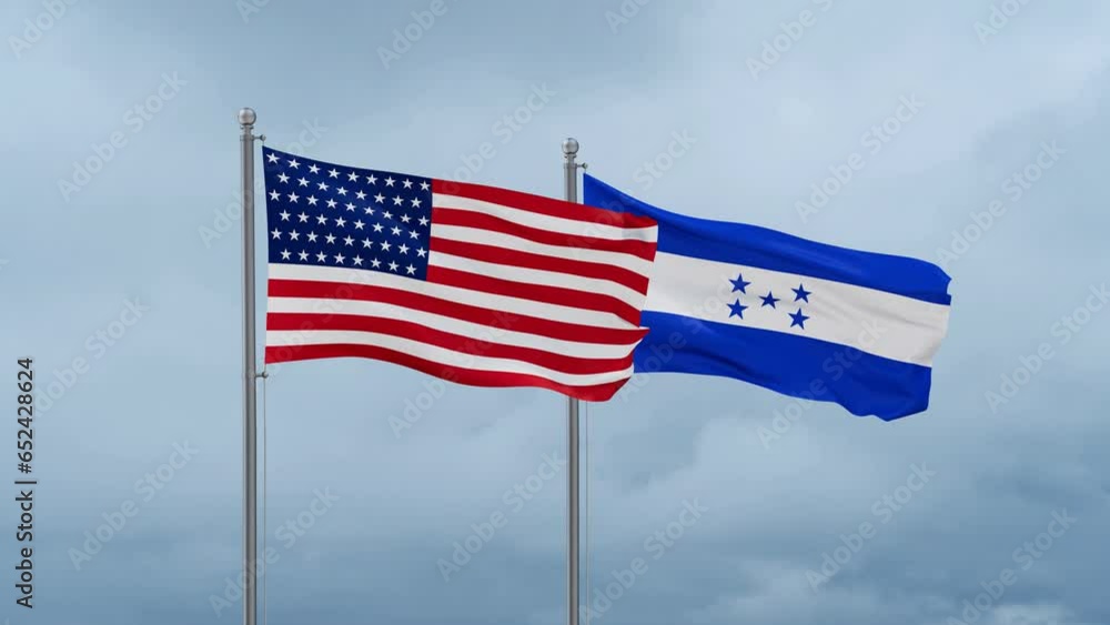 Honduras flag and United State or USA flag waving together on cloudy sky, endless seamless loop, two country relations concept Honduras flag and United State or USA flag waving together on cloudy sky, endless seamless loop, two country relations concept