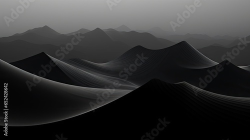  a black and white photo of a mountain range in the distance. generative ai