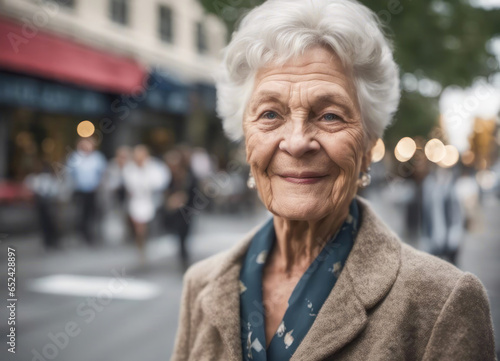 Elderly elegant lady outdoors in the city with copy space photo