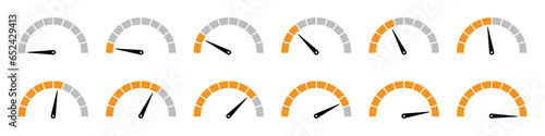 Speedometer infographics in orange color. Speedometer loading and progress collection. Set of speedometer infographics from 0 to 100 in orange color.