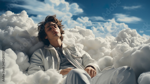 Surreal illustration of a young man sleeping on top of a cloud. Man in ethereal dream sleeping on cloud in feeling of peace and lightness. Illusion of floating in height. photo