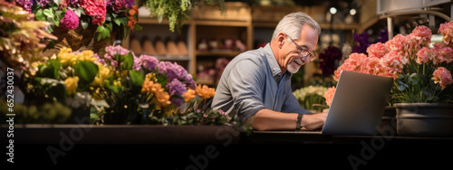 Portrait of senior man entrepreneur sitting in own flower shop, working on laptop.