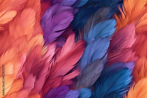 Beautiful seamless pattern with vivid multicolored bird feathers, endless texture. Fabric template. Organic background.