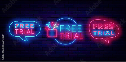 Free trial signs collection. Speech bubbles frames. Gift box symbol. Editing text. Vector stock illustration