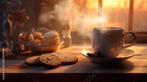 Christmas cookies and a steaming cup of hot cocoa radiating the warmth. AI generated