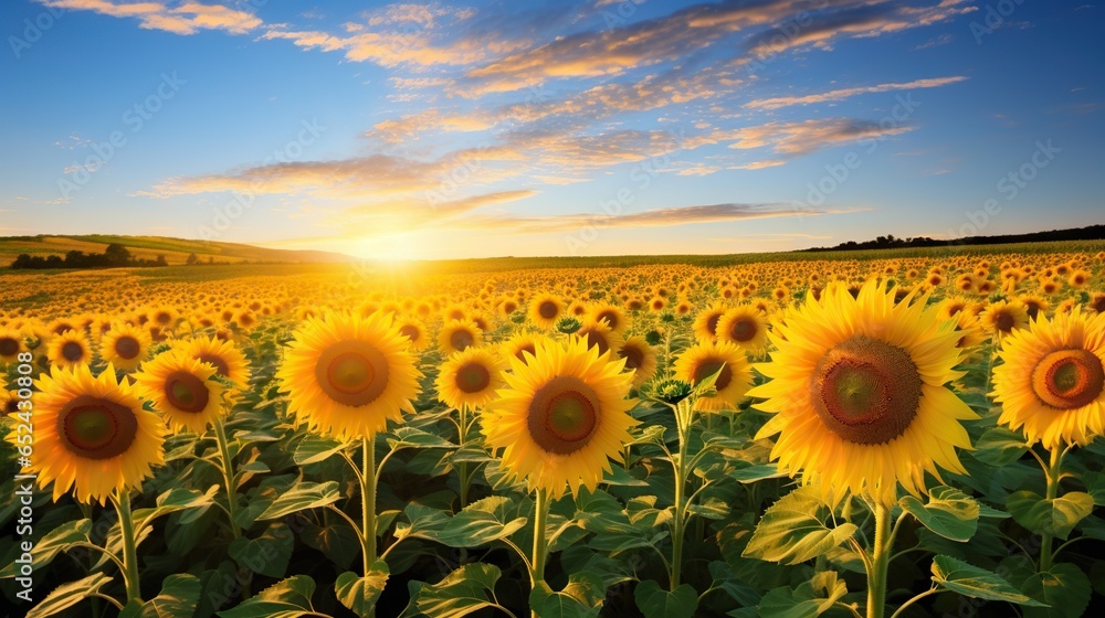 Fototapeta premium a field of sunflowers with the sun setting in the background. generative ai