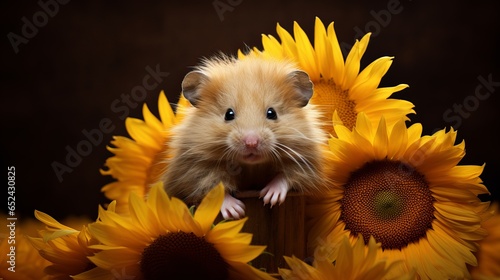 closeup view of cute and adorable fluffy hamster nibbling on a sunflower in happy mood, lovely zoomed shot of animal. photo