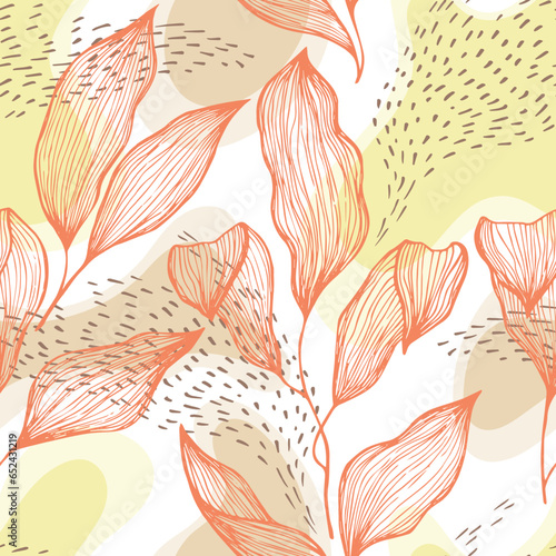 Sketch style doodle line texture leaves over stains and dots seamless vector ...