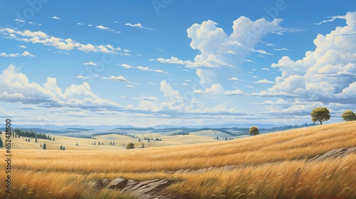  a painting of a field with trees and clouds in the background. generative ai