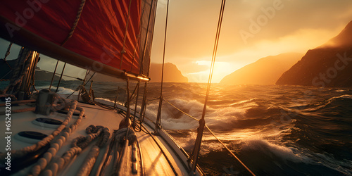 close up of sailing boat on the ocean at sunset, cinematic photography © sam