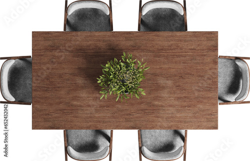Top view of wooden dining table with chairs
