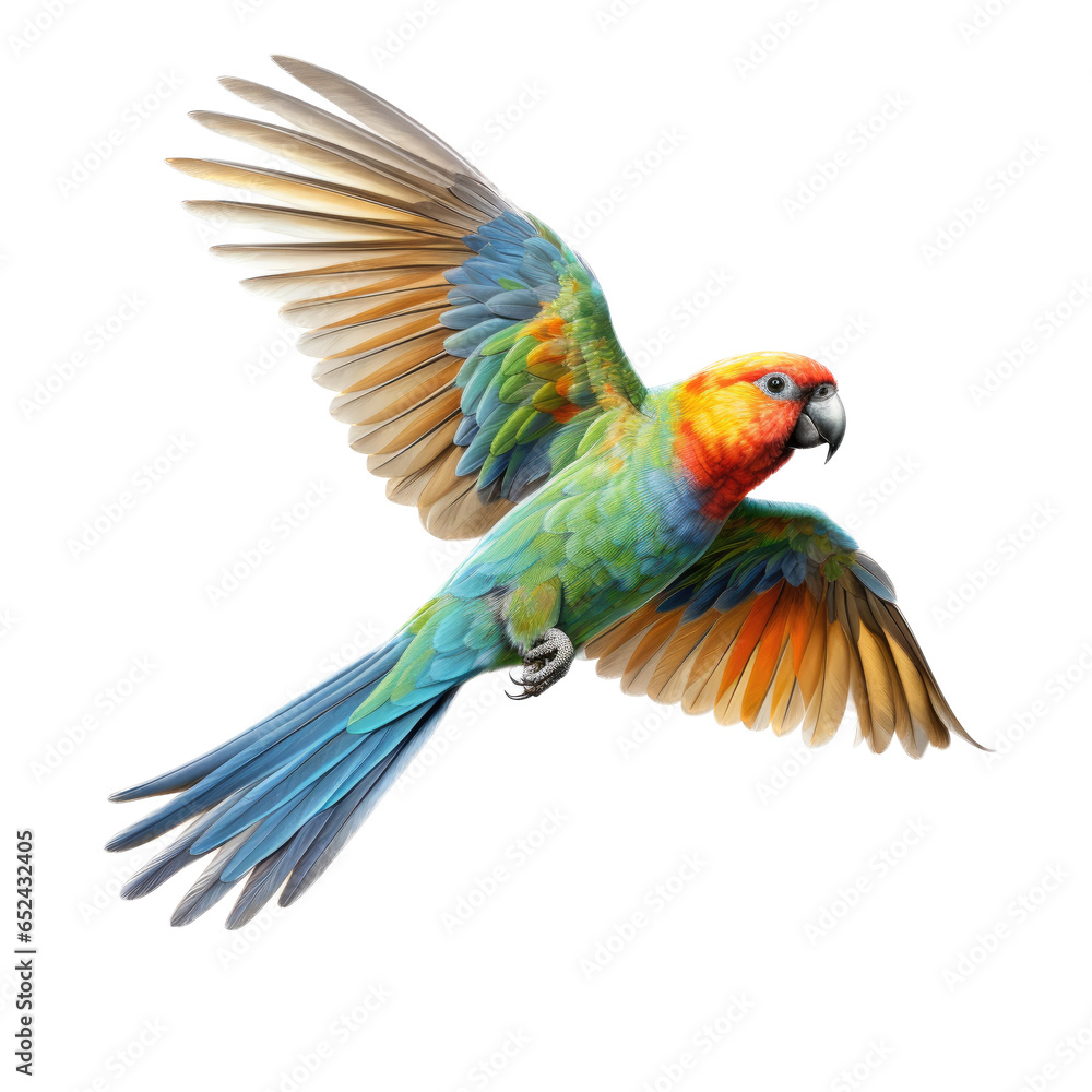 Fototapeta premium Edward's Fig Parrot in-flight in a Nature-themed, side view, photorealistic illustration in a transparent PNG, cutout, and isolated. Generative ai