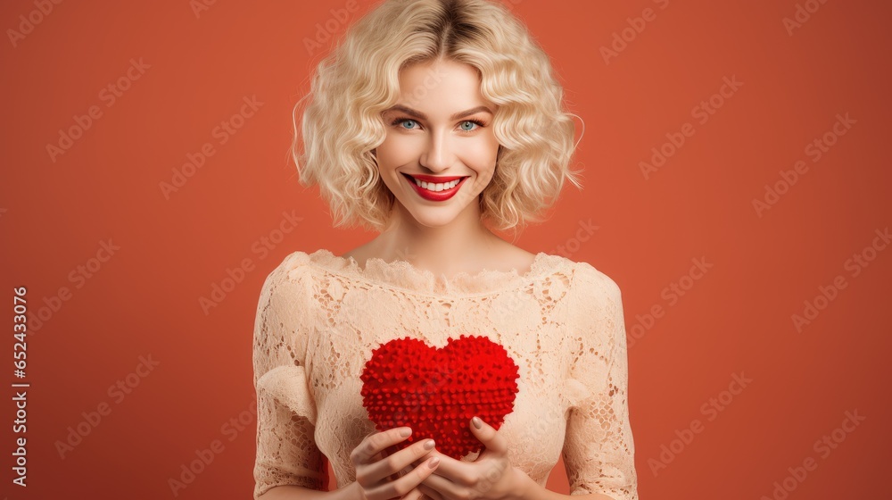 A beautiful young woman holds a red heart in her hands. Love concept for Valentine's Day. Illustration for cover, card, postcard, interior design, decor or print. A beautiful young woman holds a red heart in her hands. Love concept for Valentine's Day. Illustration for cover, card, postcard, interior design, decor or print.