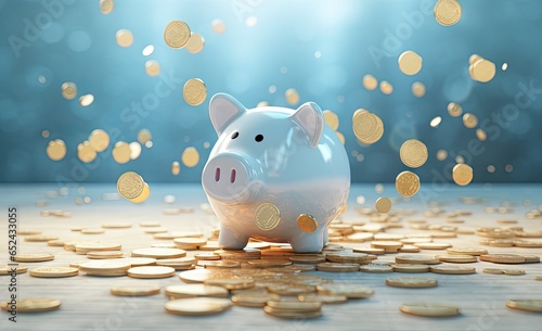white piggy bank with coins flying out Generative AI