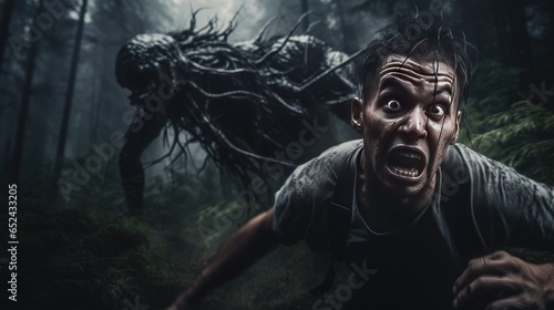 A man escapes from a monster in the woods. Invasion of extraterrestrial creature. Scary horror atmosphere. photo