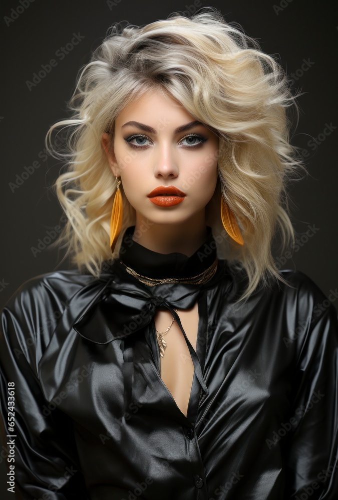 A blonde woman with black lips on a cat eye, highlighted by sterling silver.
