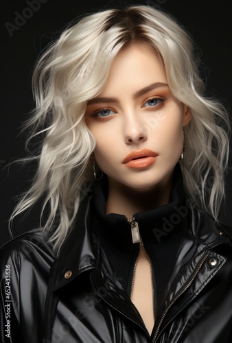 A blonde woman with black lips on a cat eye, highlighted by sterling silver.