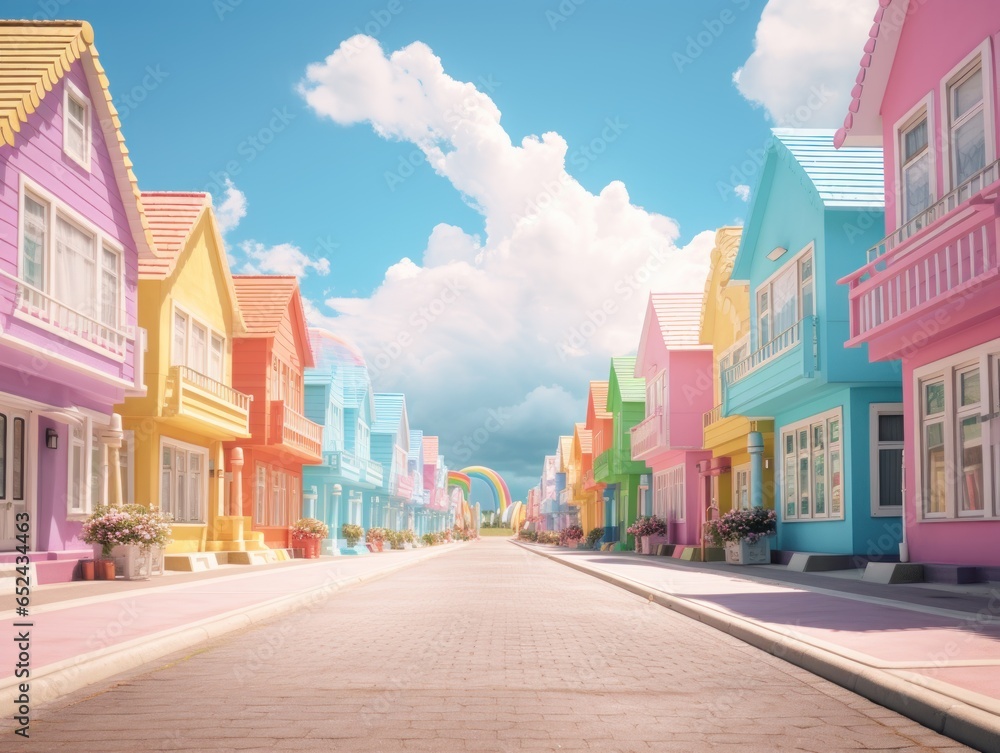 A city street with a rainbow colored building and rainbow on the sky.