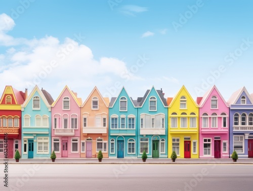 A vibrant row of colorful houses on a lively street.