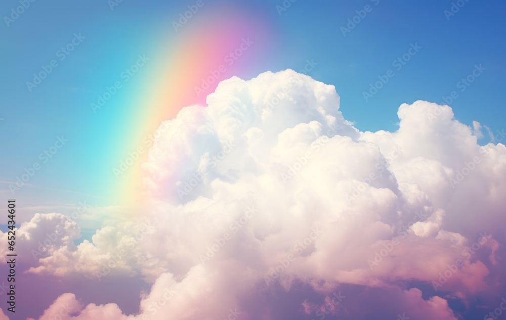 A vibrant rainbow stretching across the sky with a fluffy cloud below.